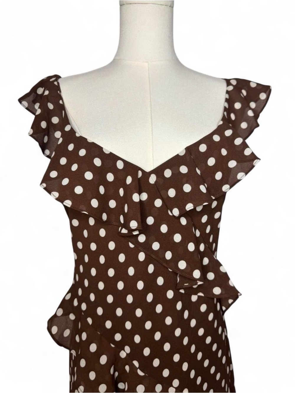 Chelsea28 Brown Polka Dot Ruffle Midi Dress | Romantic Coquette Wedding Guest - Picture 3 of 8
